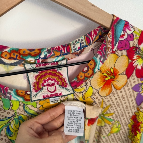 Johnny Was Large Dreamer Floral Bird Pattern Swing Tee Colorful Spring Rainbow - Picture 3 of 5